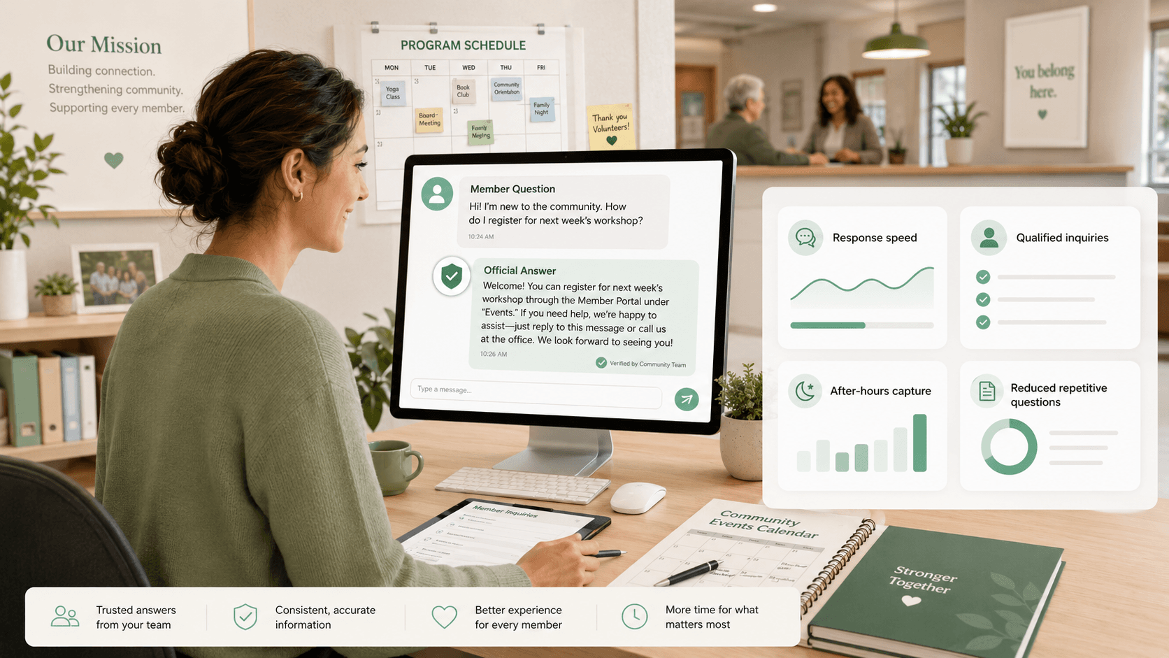 AI website representative helping an association answer member questions from approved knowledge